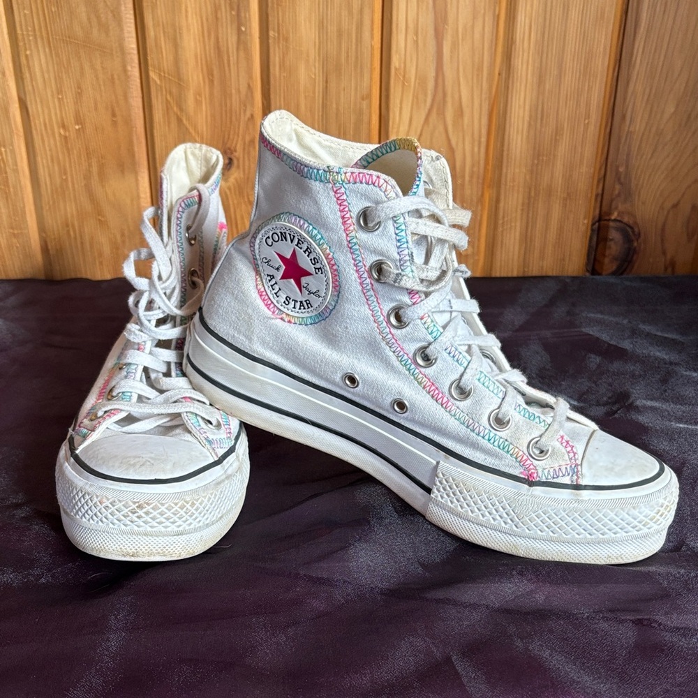 Converse White High-Tops with Multicolor Stitching